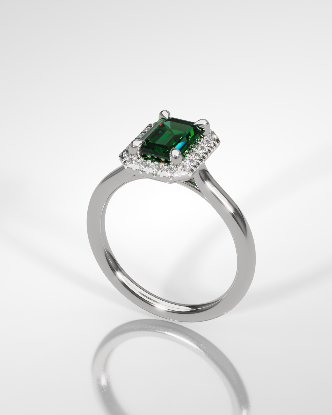 Rendu 3D principal d’une bague halo avec pierre centrale verte
