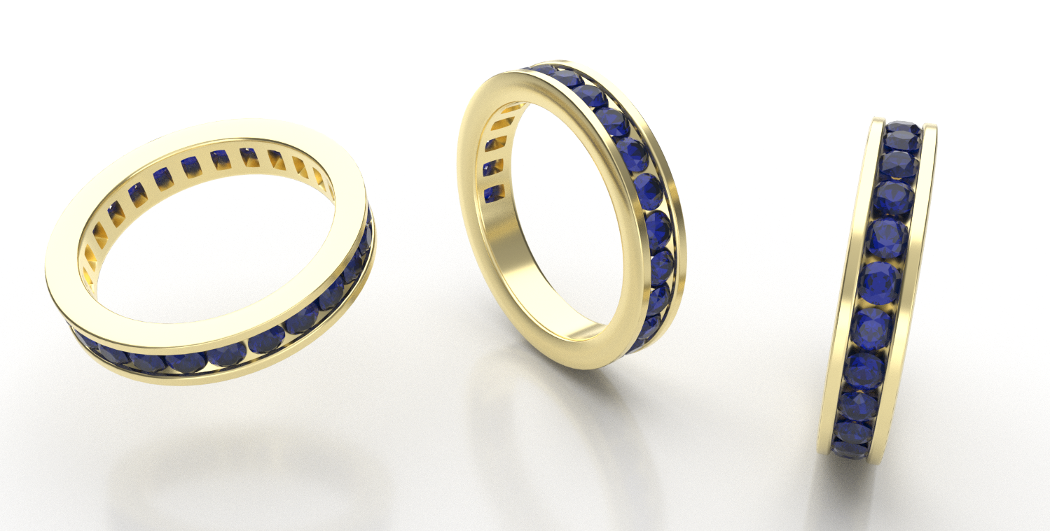 Exemple de rendu 3D simple d’une bague sertie de pierres bleues sous plusieurs angles